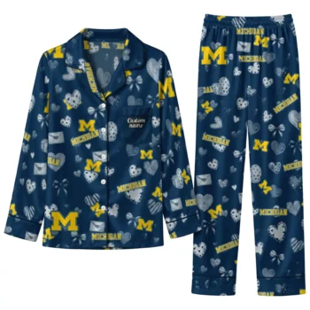 Michigan Wolverines Long Pajama Set Customized Heart Charms Blue Best Selling