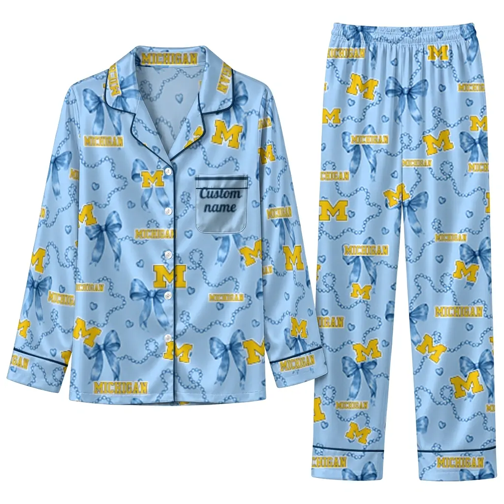 Michigan Wolverines Long Pajama Set Customized Ribbon Chains Blue Best Selling Michigan Wolverines Long Pajama Set Customized Ribbon Chains Blue Best Selling