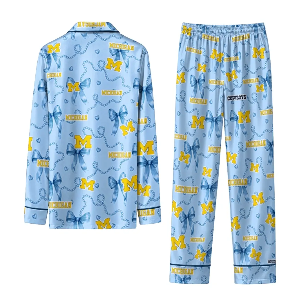 Michigan Wolverines Long Pajama Set Customized Ribbon Chains Blue Fashion Forward Michigan Wolverines Long Pajama Set Customized Ribbon Chains Blue Fashion Forward