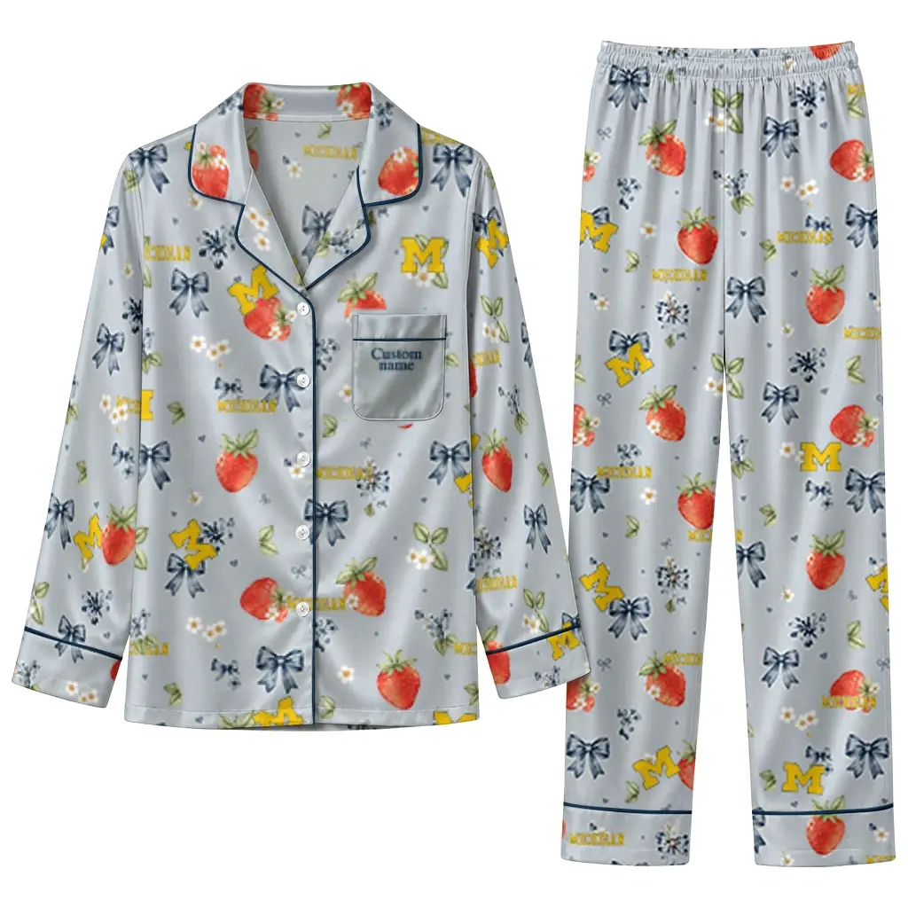 Michigan Wolverines Long Pajama Set Customized Ribbon Florals Blue Best Selling Michigan Wolverines Long Pajama Set Customized Ribbon Florals Blue Best Selling