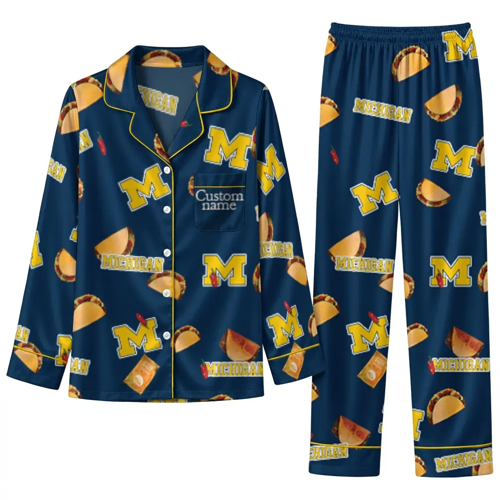 Michigan Wolverines Long Pajama Set Customized Snack Scatter Blue Best Selling Michigan Wolverines Long Pajama Set Customized Snack Scatter Blue Best Selling