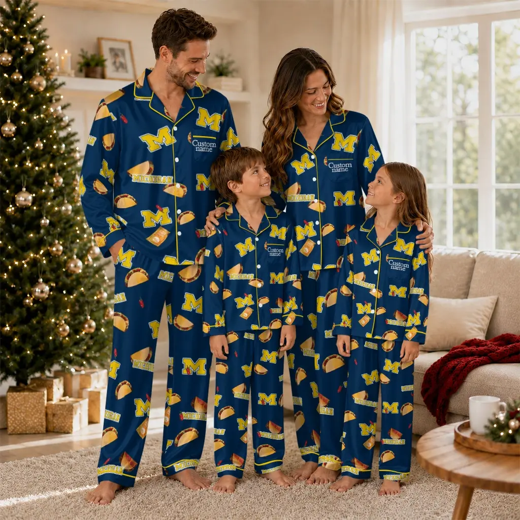 Michigan Wolverines Long Pajama Set Customized Snack Scatter Blue Latest Model Michigan Wolverines Long Pajama Set Customized Snack Scatter Blue Latest Model