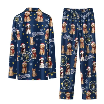 Milwaukee Brewers Long Pajama Set Custom Animal Scatter Navy Blue Fashion Forward
