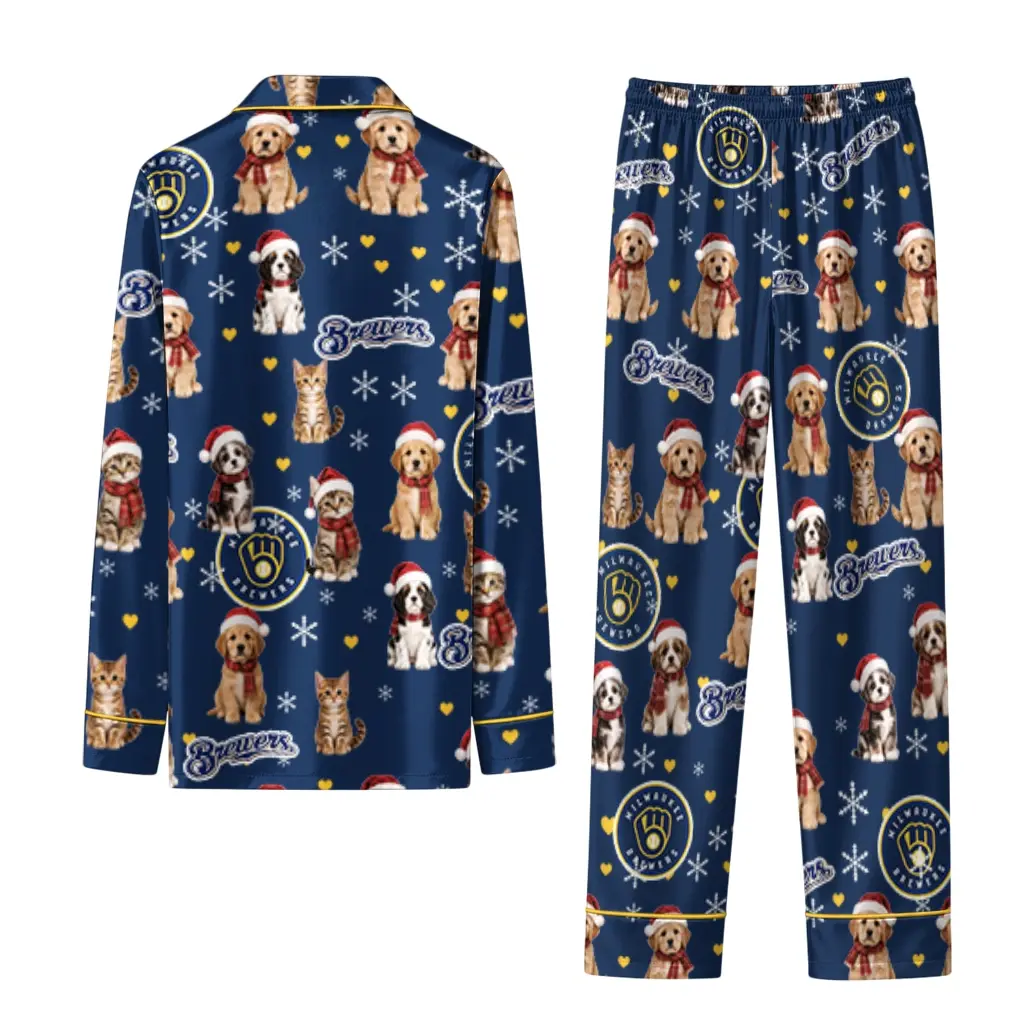 Milwaukee Brewers Long Pajama Set Custom Animal Scatter Navy Blue Fashion Forward Milwaukee Brewers Long Pajama Set Custom Animal Scatter Navy Blue Fashion Forward