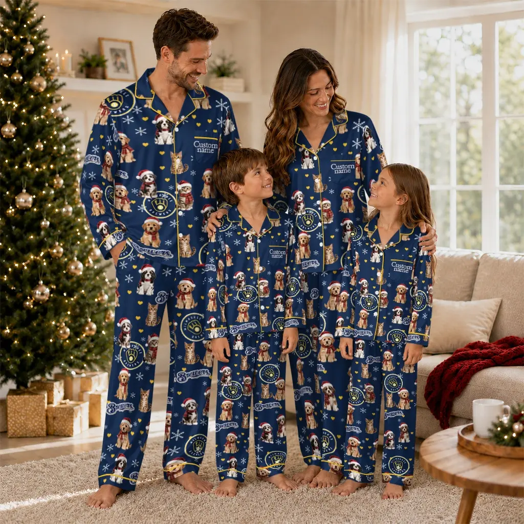 Milwaukee Brewers Long Pajama Set Custom Animal Scatter Navy Blue Latest Model Milwaukee Brewers Long Pajama Set Custom Animal Scatter Navy Blue Latest Model