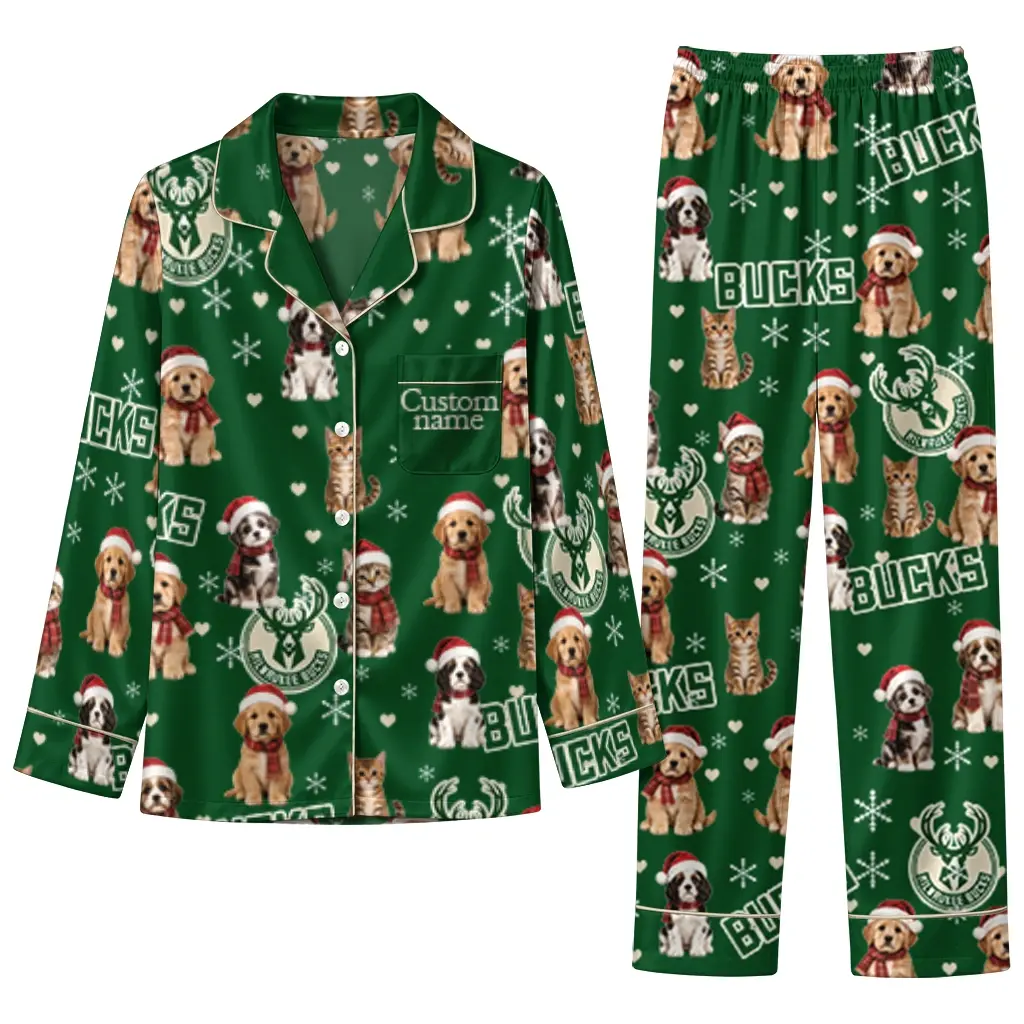 Milwaukee Bucks Long Pajama Set Custom Animal Scatter Green Best Selling Milwaukee Bucks Long Pajama Set Custom Animal Scatter Green Best Selling