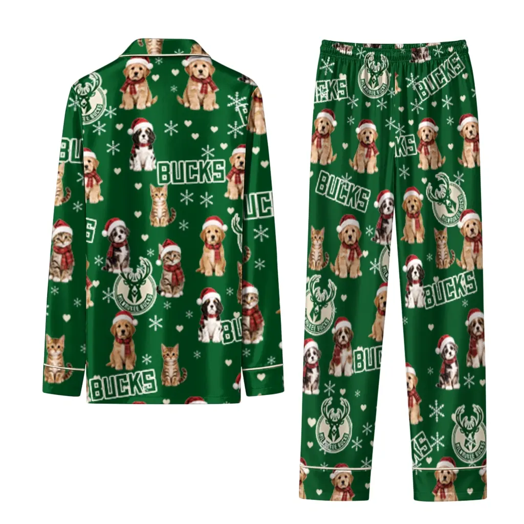 Milwaukee Bucks Long Pajama Set Custom Animal Scatter Green Fashion Forward Milwaukee Bucks Long Pajama Set Custom Animal Scatter Green Fashion Forward