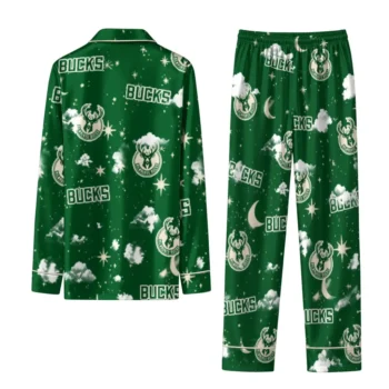 Milwaukee Bucks Long Pajama Set Personalized Cloud Stars Green Fashion Forward