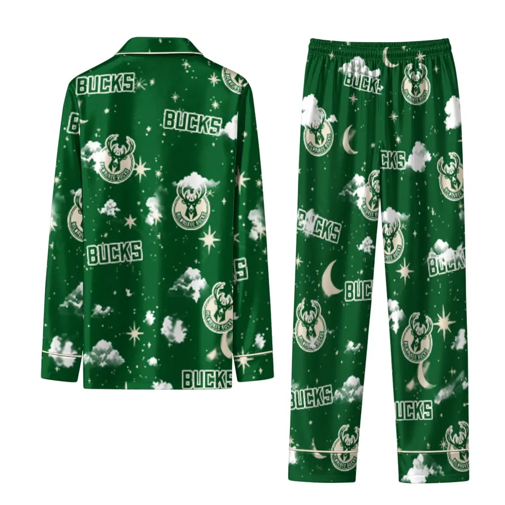 Milwaukee Bucks Long Pajama Set Personalized Cloud Stars Green Fashion Forward Milwaukee Bucks Long Pajama Set Personalized Cloud Stars Green Fashion Forward
