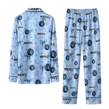 minnesota timberwolves long pajama set custom ribbon chains midnight blue fashion forward.webp