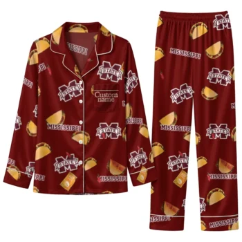 Mississippi State Bulldogs Long Pajama Set Personalized Snack Scatter Maroon Best Selling