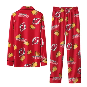 New Jersey Devils Long Pajama Set Personalized Snack Scatter Red Fashion Forward