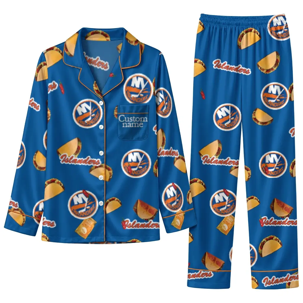 New York Islanders Long Pajama Set Custom Snack Scatter Blue Best Selling New York Islanders Long Pajama Set Custom Snack Scatter Blue Best Selling