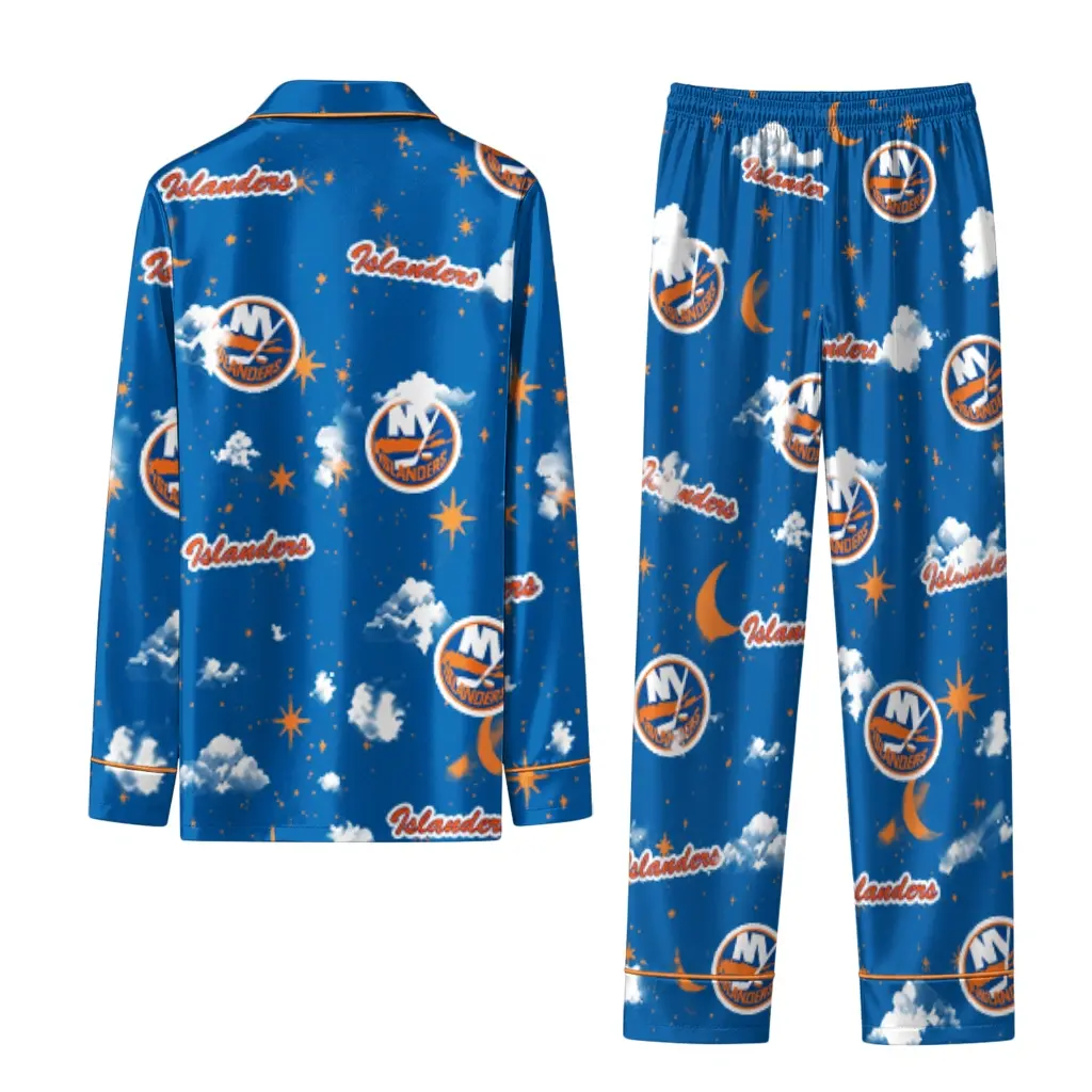 New York Islanders Long Pajama Set Customized Cloud Stars Blue Fashion Forward New York Islanders Long Pajama Set Customized Cloud Stars Blue Fashion Forward