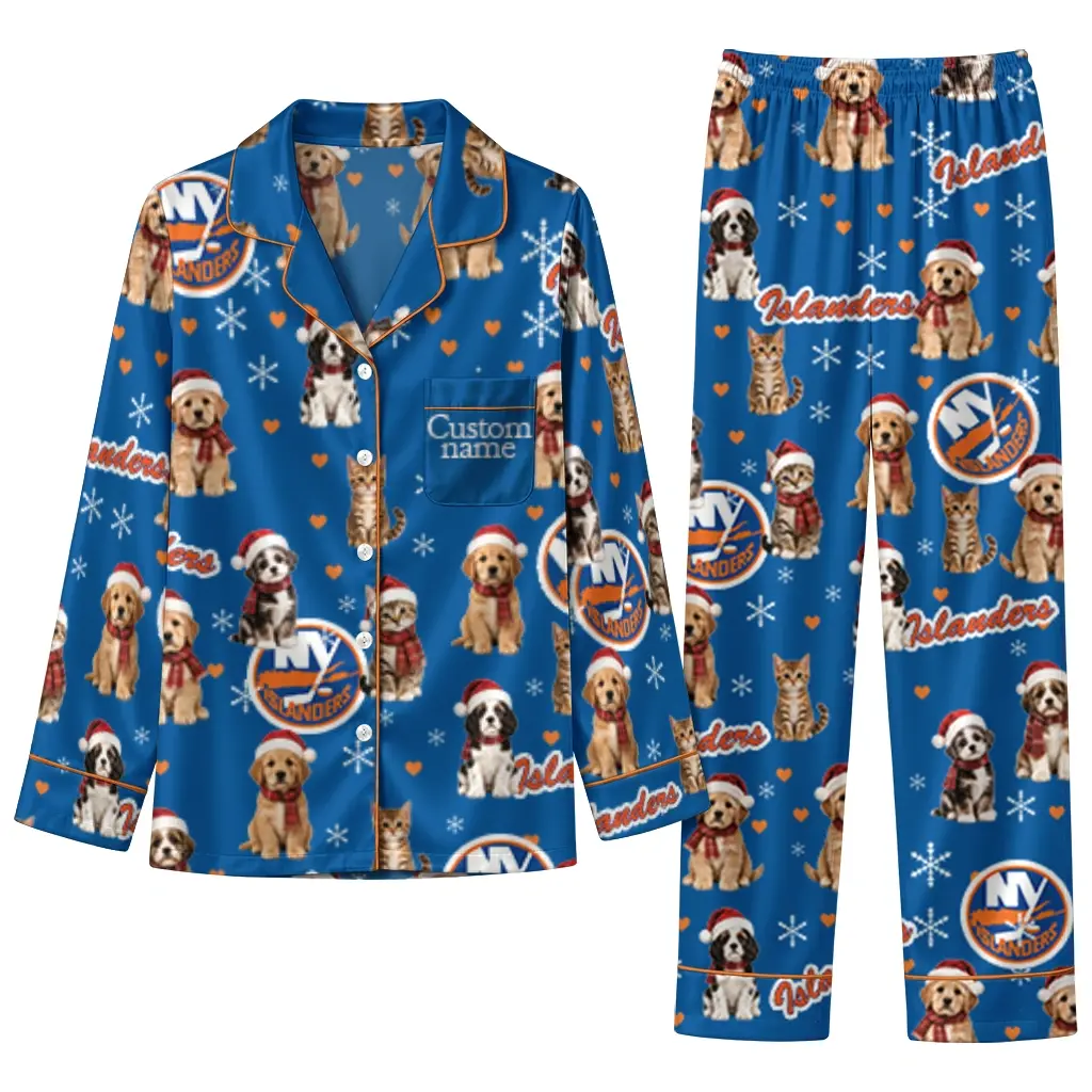 New York Islanders Long Pajama Set Personalized Animal Scatter Blue Best Selling New York Islanders Long Pajama Set Personalized Animal Scatter Blue Best Selling