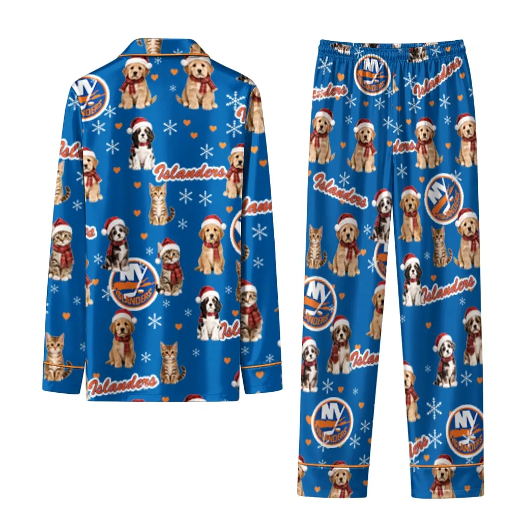 New York Islanders Long Pajama Set Personalized Animal Scatter Blue Fashion Forward New York Islanders Long Pajama Set Personalized Animal Scatter Blue Fashion Forward