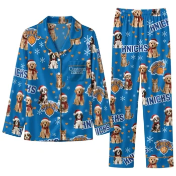 New York Knicks Long Pajama Set Custom Animal Scatter Blue Best Selling