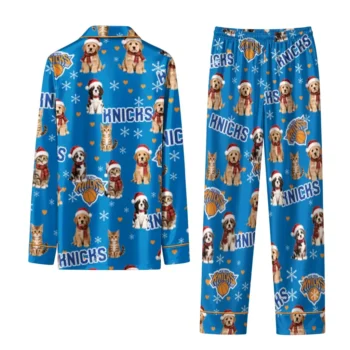 New York Knicks Long Pajama Set Custom Animal Scatter Blue Fashion Forward