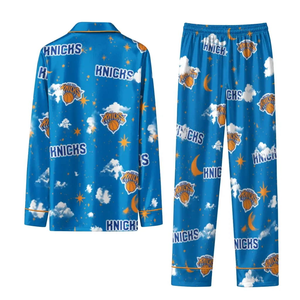 New York Knicks Long Pajama Set Personalized Cloud Stars Blue Fashion Forward New York Knicks Long Pajama Set Personalized Cloud Stars Blue Fashion Forward