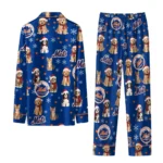 New York Mets Long Pajama Set Personalized Animal Scatter Blue Best Selling