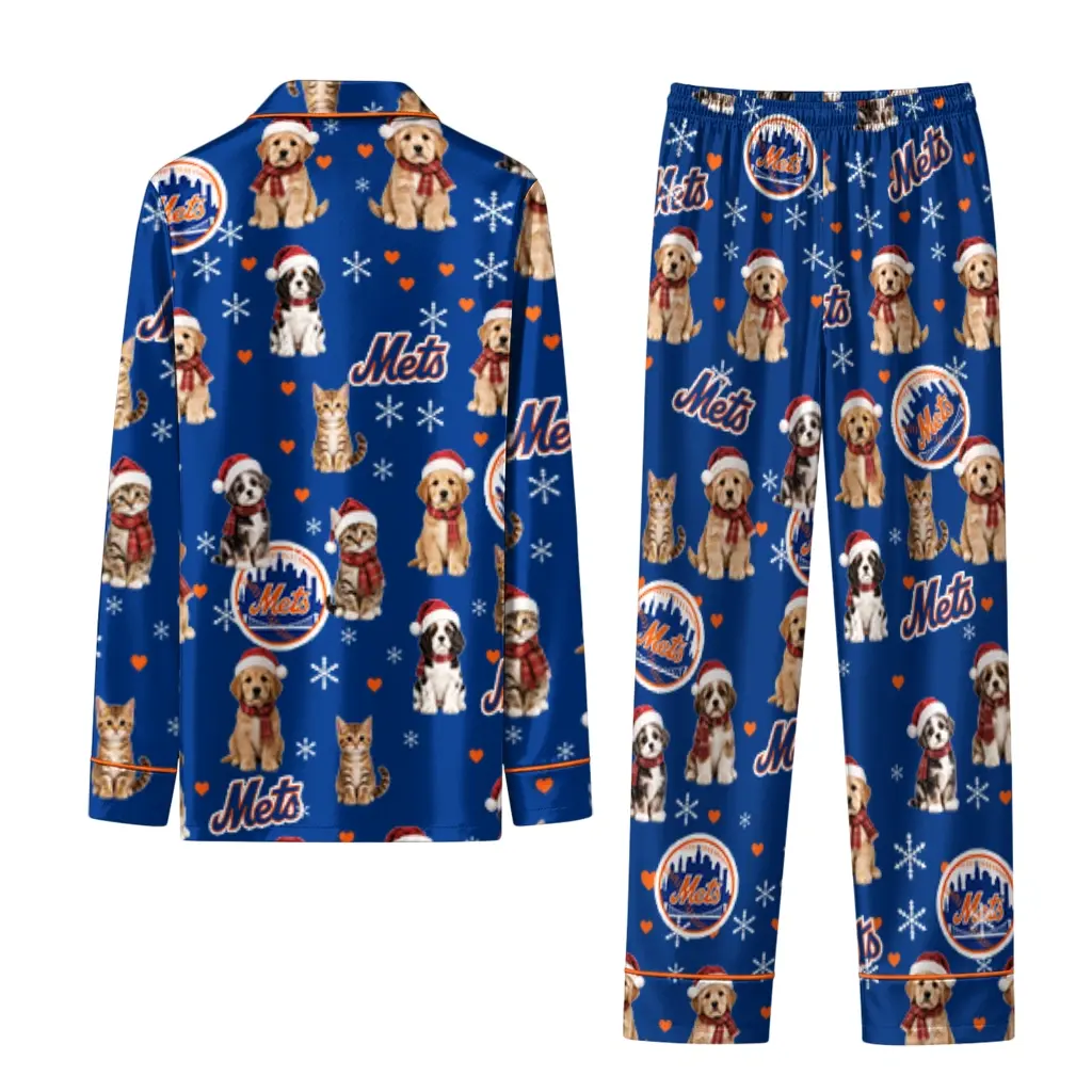 New York Mets Long Pajama Set Personalized Animal Scatter Blue Fashion Forward New York Mets Long Pajama Set Personalized Animal Scatter Blue Fashion Forward