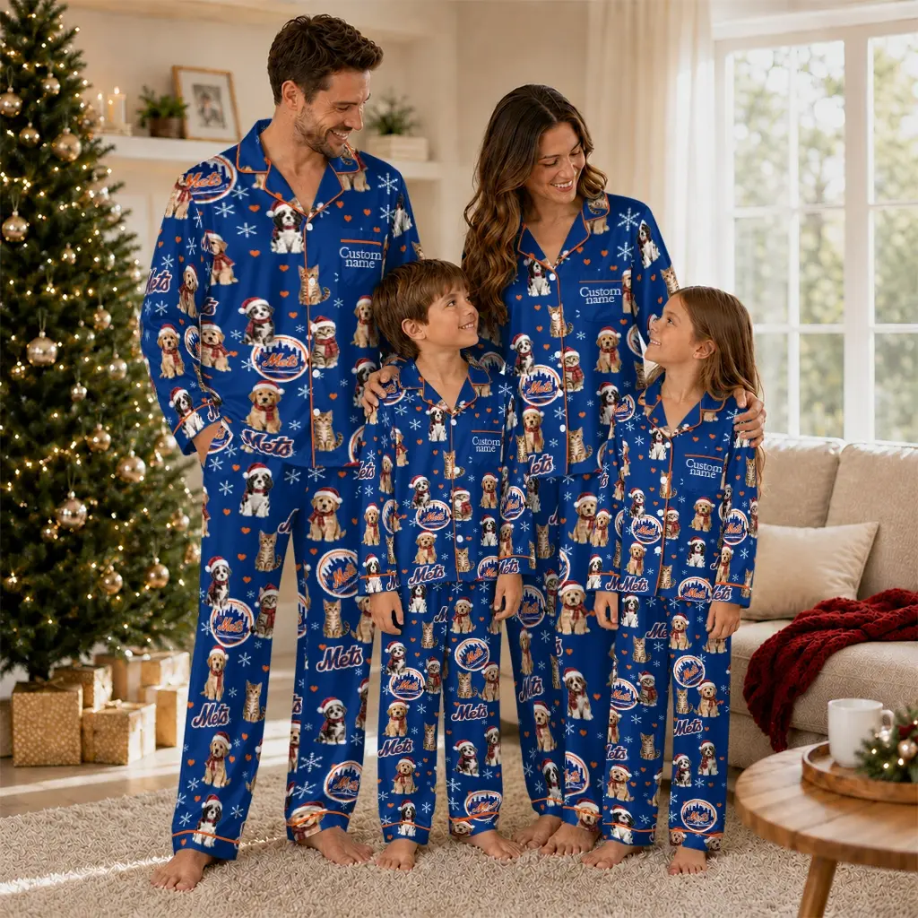 New York Mets Long Pajama Set Personalized Animal Scatter Blue Latest Model New York Mets Long Pajama Set Personalized Animal Scatter Blue Latest Model