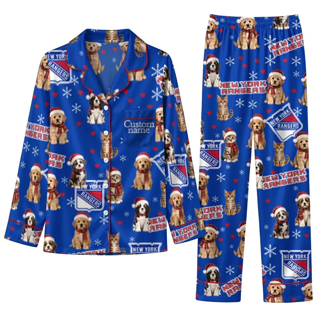 New York Rangers Long Pajama Set Custom Animal Scatter Blue Best Selling New York Rangers Long Pajama Set Custom Animal Scatter Blue Best Selling