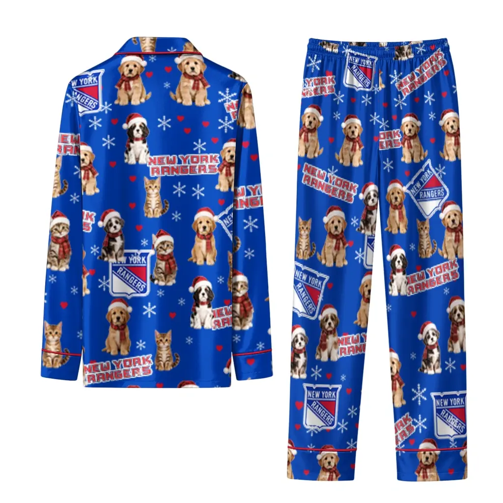 New York Rangers Long Pajama Set Custom Animal Scatter Blue Fashion Forward New York Rangers Long Pajama Set Custom Animal Scatter Blue Fashion Forward