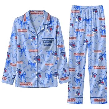new york rangers long pajama set personalized ribbon chains blue best selling.webp