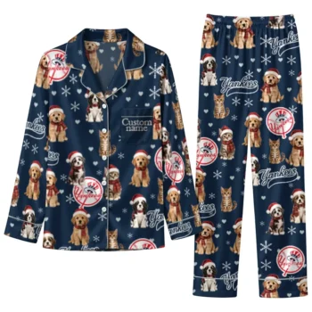 New York Yankees Long Pajama Set Custom Animal Scatter Navy Best Selling