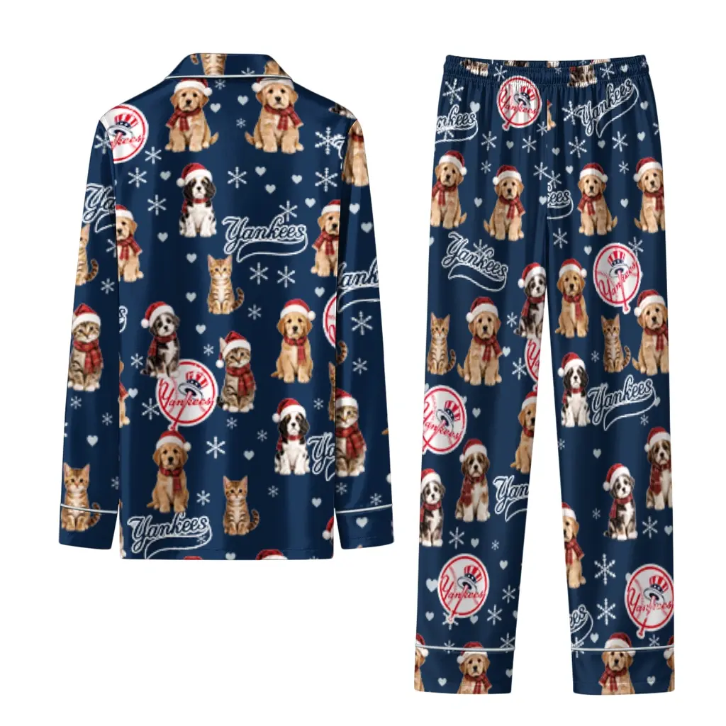New York Yankees Long Pajama Set Custom Animal Scatter Navy Fashion Forward New York Yankees Long Pajama Set Custom Animal Scatter Navy Fashion Forward