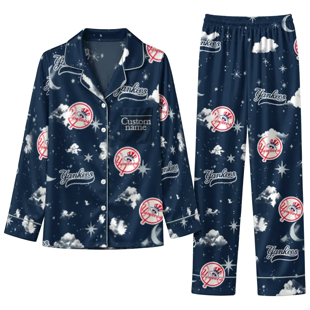 New York Yankees Long Pajama Set Personalized Cloud Stars Navy Best Selling New York Yankees Long Pajama Set Personalized Cloud Stars Navy Best Selling