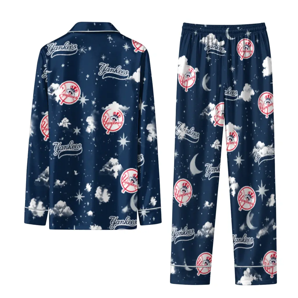 New York Yankees Long Pajama Set Personalized Cloud Stars Navy Fashion Forward New York Yankees Long Pajama Set Personalized Cloud Stars Navy Fashion Forward
