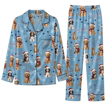 North Carolina Tar Heels Long Pajama Set Personalized Animal Scatter Light Blue Best Selling