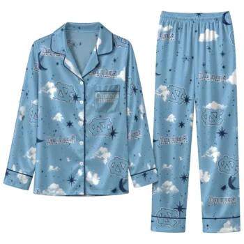 North Carolina Tar Heels Long Pajama Set Personalized Cloud Stars Light Blue Best Selling
