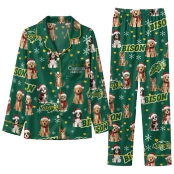 North Dakota State Bison Long Pajama Set Custom Animal Scatter Green Best Selling