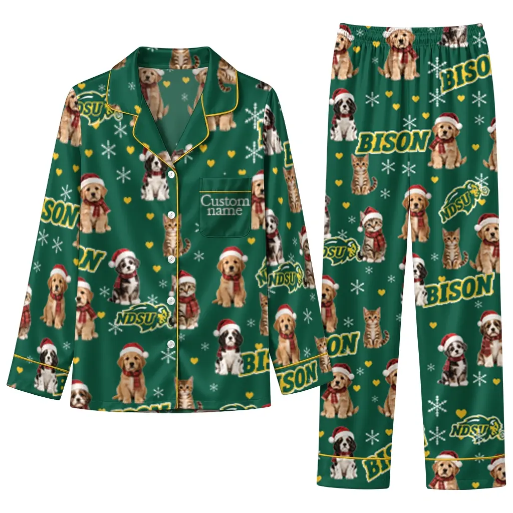 North Dakota State Bison Long Pajama Set Custom Animal Scatter Green Best Selling North Dakota State Bison Long Pajama Set Custom Animal Scatter Green Best Selling