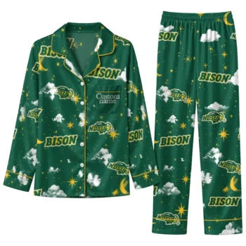 North Dakota State Bison Long Pajama Set Custom Cloud Stars Green Best Selling