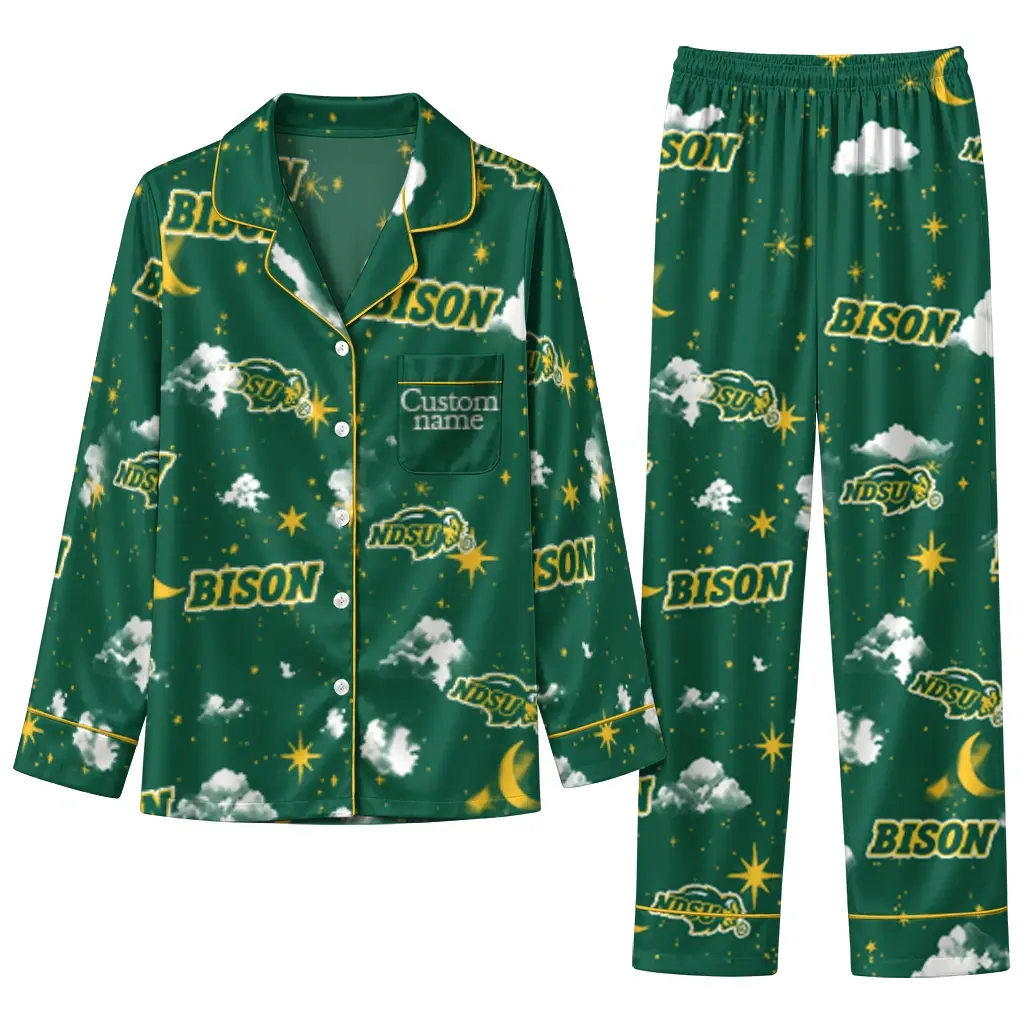 North Dakota State Bison Long Pajama Set Custom Cloud Stars Green Best Selling North Dakota State Bison Long Pajama Set Custom Cloud Stars Green Best Selling