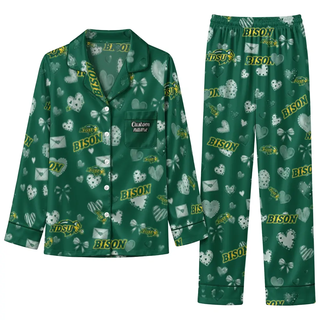 North Dakota State Bison Long Pajama Set Custom Heart Charms Green Best Selling North Dakota State Bison Long Pajama Set Custom Heart Charms Green Best Selling