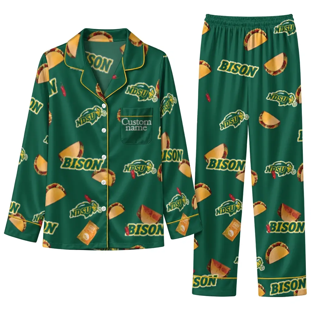 North Dakota State Bison Long Pajama Set Custom Snack Scatter Green Best Selling North Dakota State Bison Long Pajama Set Custom Snack Scatter Green Best Selling