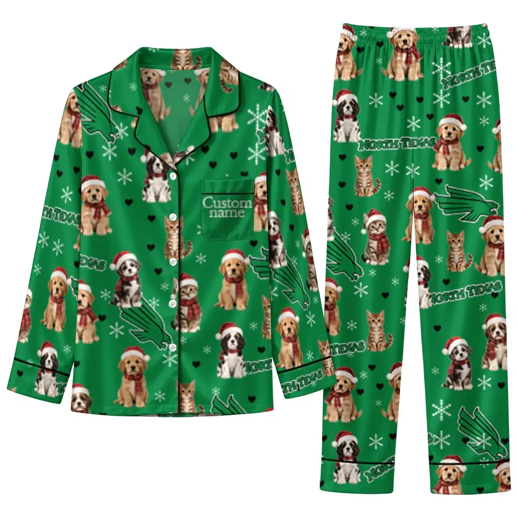 North Texas Mean Green Long Pajama Set Custom Animal Scatter Green Best Selling North Texas Mean Green Long Pajama Set Custom Animal Scatter Green Best Selling
