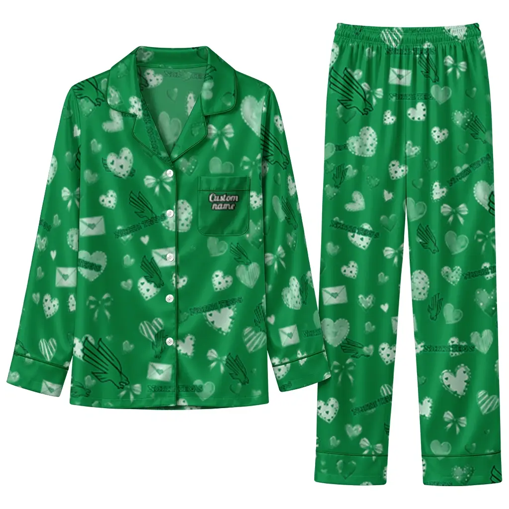 North Texas Mean Green Long Pajama Set Custom Heart Charms Green Best Selling North Texas Mean Green Long Pajama Set Custom Heart Charms Green Best Selling