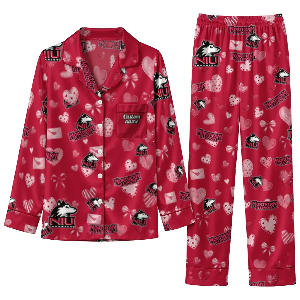 Northern Illinois Huskies Long Pajama Set Customized Heart Charms Red Best Selling Northern Illinois Huskies Long Pajama Set Customized Heart Charms Red Best Selling