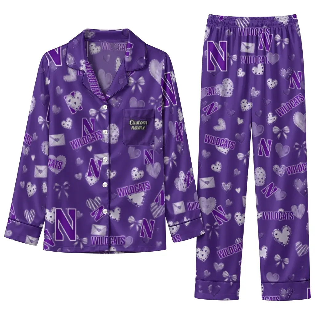 Northwestern Wildcats Long Pajama Set Personalized Heart Charms Purple Best Selling Northwestern Wildcats Long Pajama Set Personalized Heart Charms Purple Best Selling