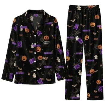 Northwestern Wildcats Long Pajama Set Personalized Icon Confetti Black Best Selling