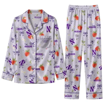Northwestern Wildcats Long Pajama Set Personalized Ribbon Florals Purple Best Selling