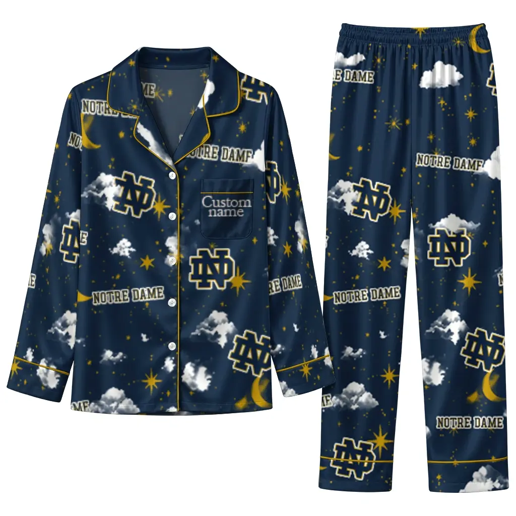 Notre Dame Fighting Irish Long Pajama Set Custom Cloud Stars Navy Best Selling Notre Dame Fighting Irish Long Pajama Set Custom Cloud Stars Navy Best Selling