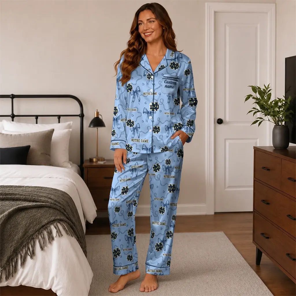 Notre Dame Fighting Irish Long Pajama Set Custom Ribbon Chains Navy High Quality Notre Dame Fighting Irish Long Pajama Set Custom Ribbon Chains Navy High Quality