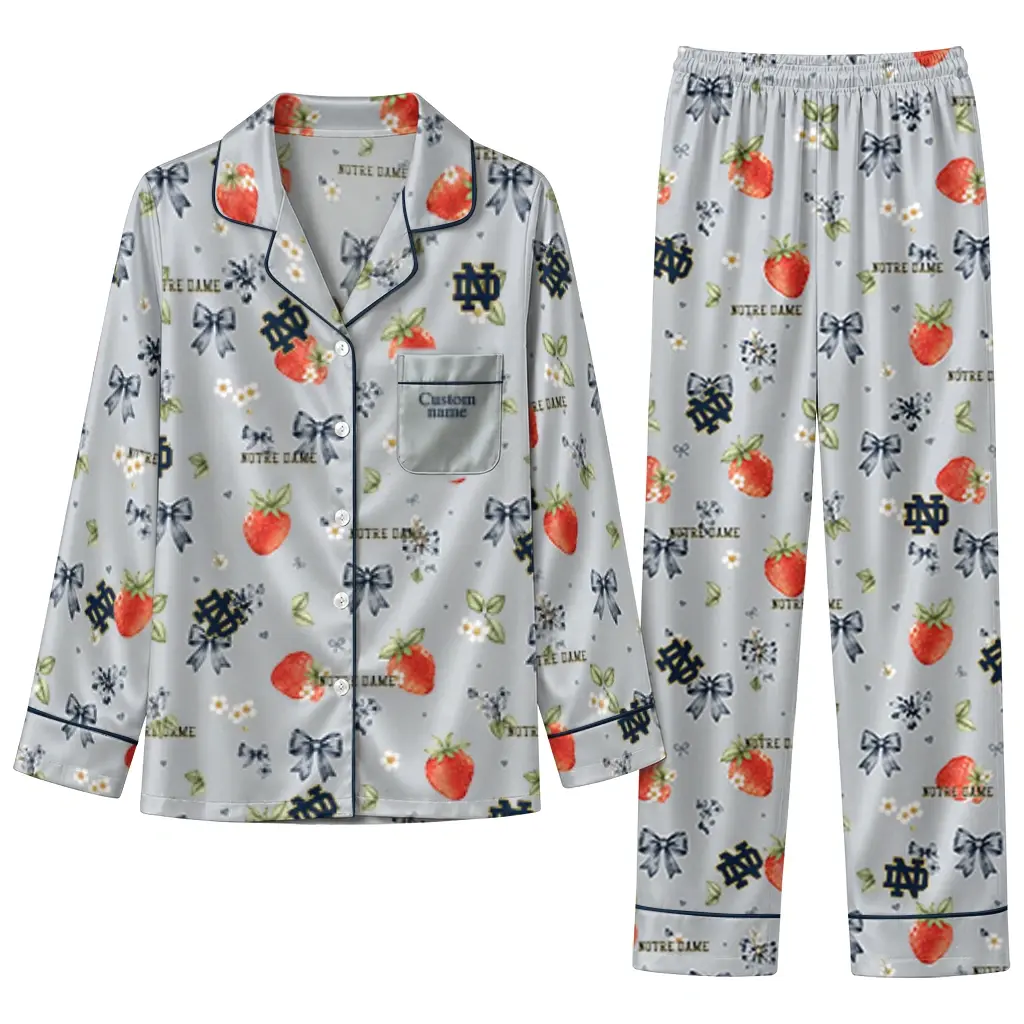 Notre Dame Fighting Irish Long Pajama Set Custom Ribbon Florals Navy Best Selling Notre Dame Fighting Irish Long Pajama Set Custom Ribbon Florals Navy Best Selling